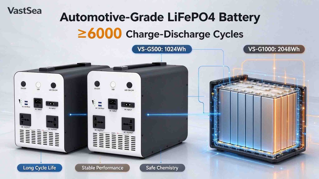 VastSea VSG1 series portable power station AC USB Type-C output ports and LED indicator
